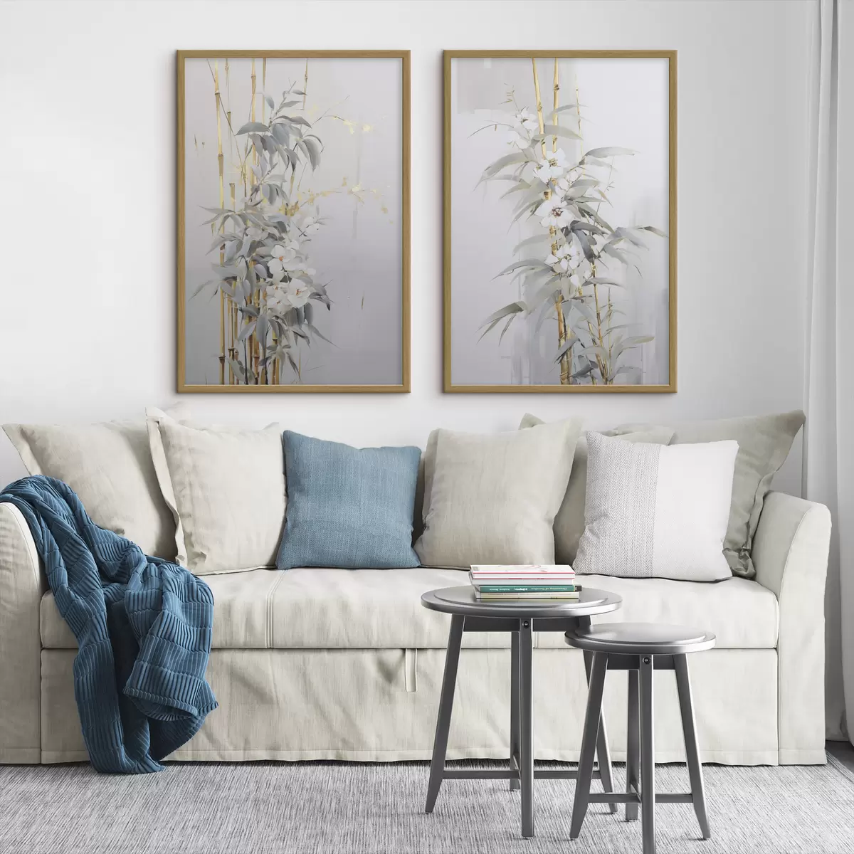 Poster Abstrakte Bambusstämme mit gelben Akzenten, zarten weißen Blüten und hellgrünen Blättern, grauer Hintergrund d01127
