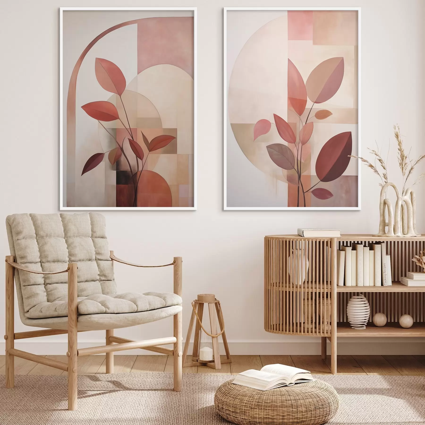 Fototapete Abstrakte Pflanze mit roten Blättern vor einem Hintergrund aus geometrischen Formen und sanften, gedämpften Farben d01128