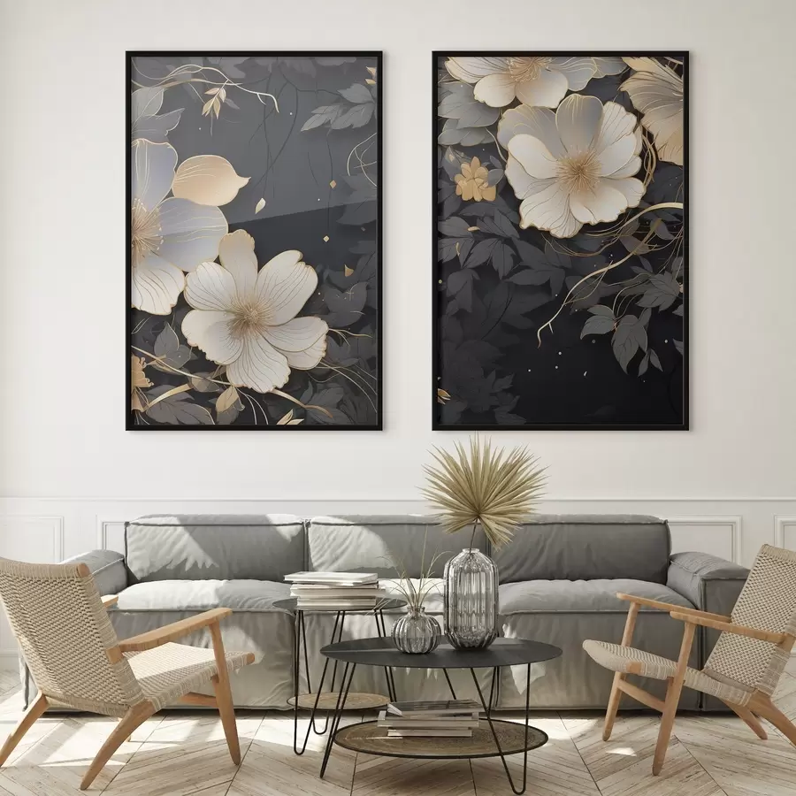 Fototapete Große abstrakte Blumen auf dunklem Hintergrund d01066