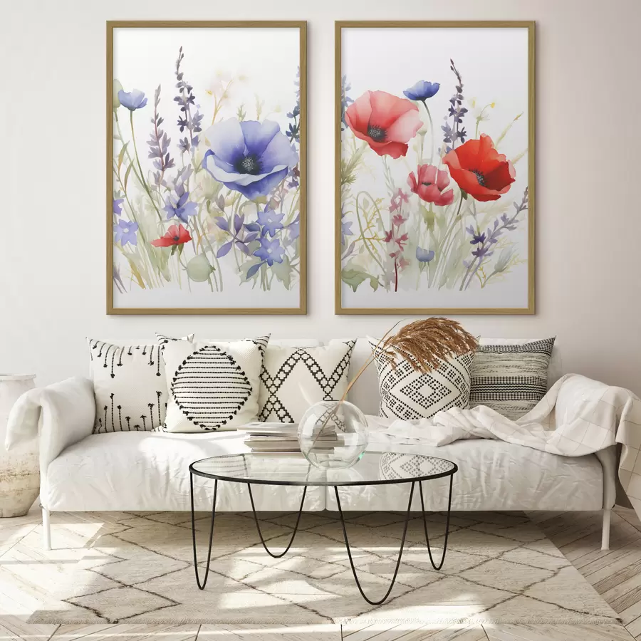 Fototapete Mohnblumen auf einem Feld, Aquarell-Effekt d01067