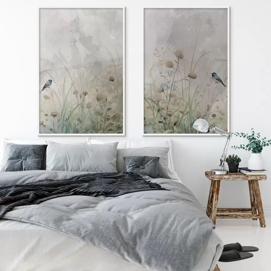 Fototapete Vögel vor einem Hintergrund aus Wildblumen d01068