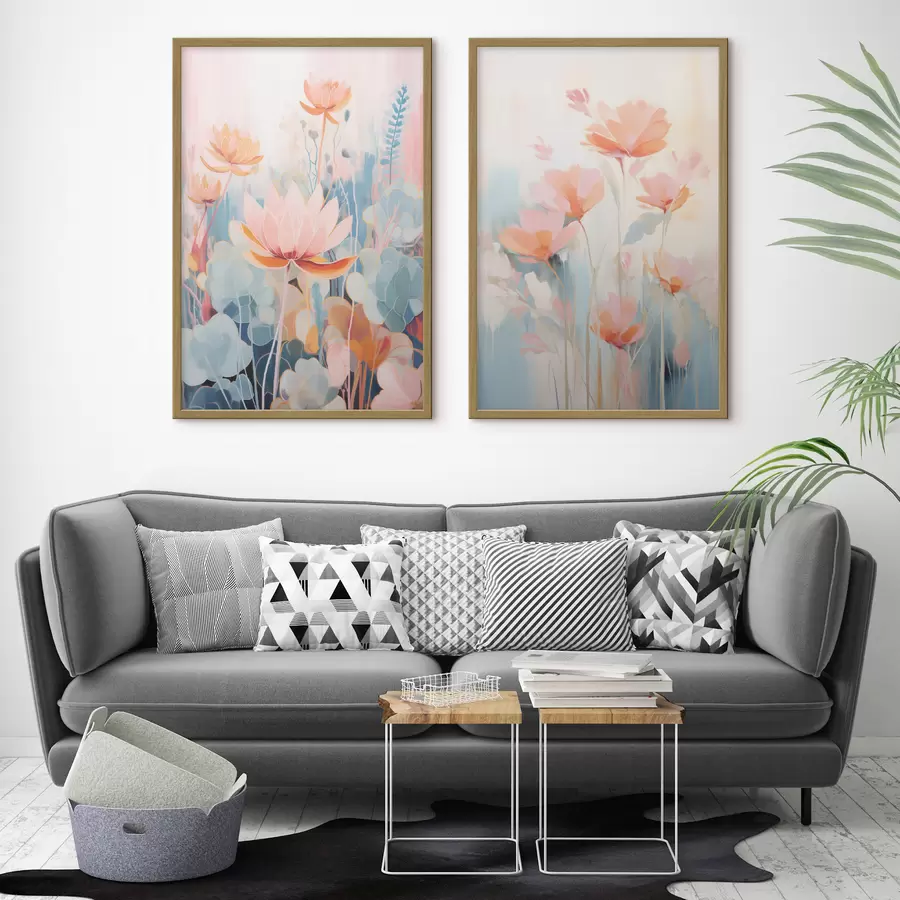 Fototapete Aquarellharmonie von Blumen in einer rosa-blauen Farbpalette d01084