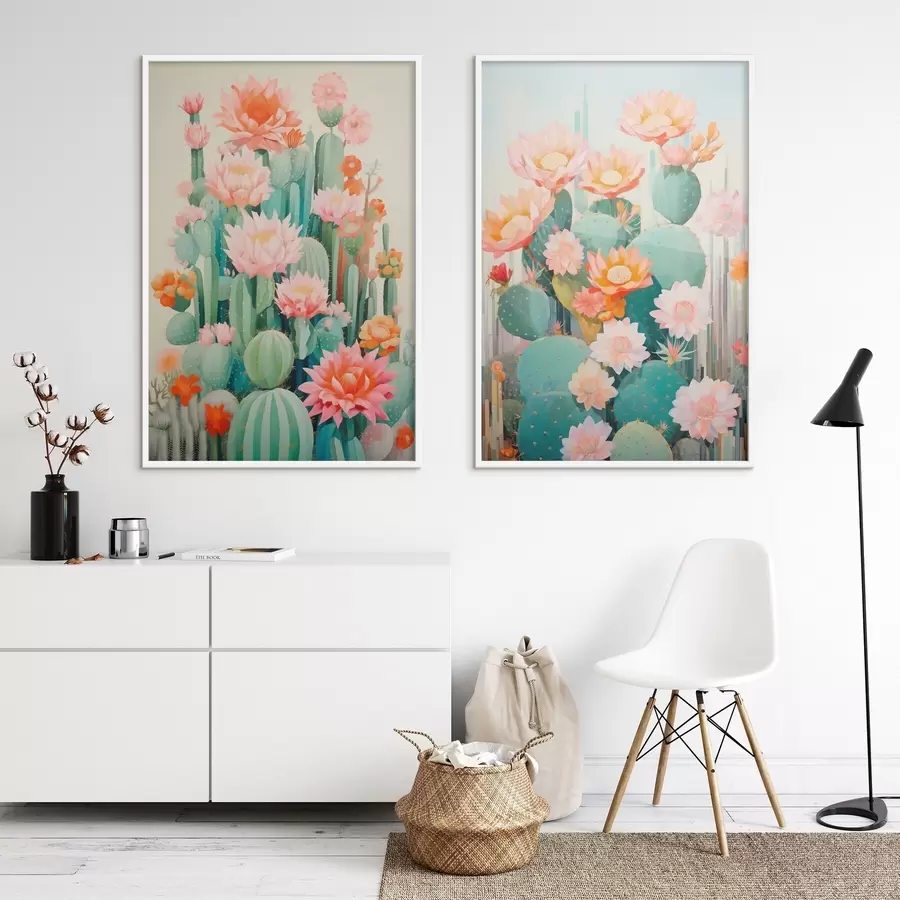 Fototapete Kakteen mit großen Blüten, Pastellfarben und einer ruhigen Ausstrahlung d01086