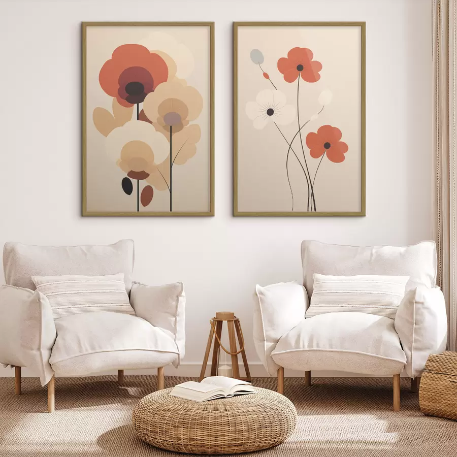 Fototapete Minimalistisches Blumendiptychon in warmen Beige-Korallentönen mit grafischen Linien d01090