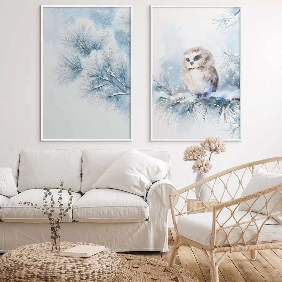 Fototapete Niedliche Eule auf einem schneebedeckten Tannenzweig im Aquarellstil d01168