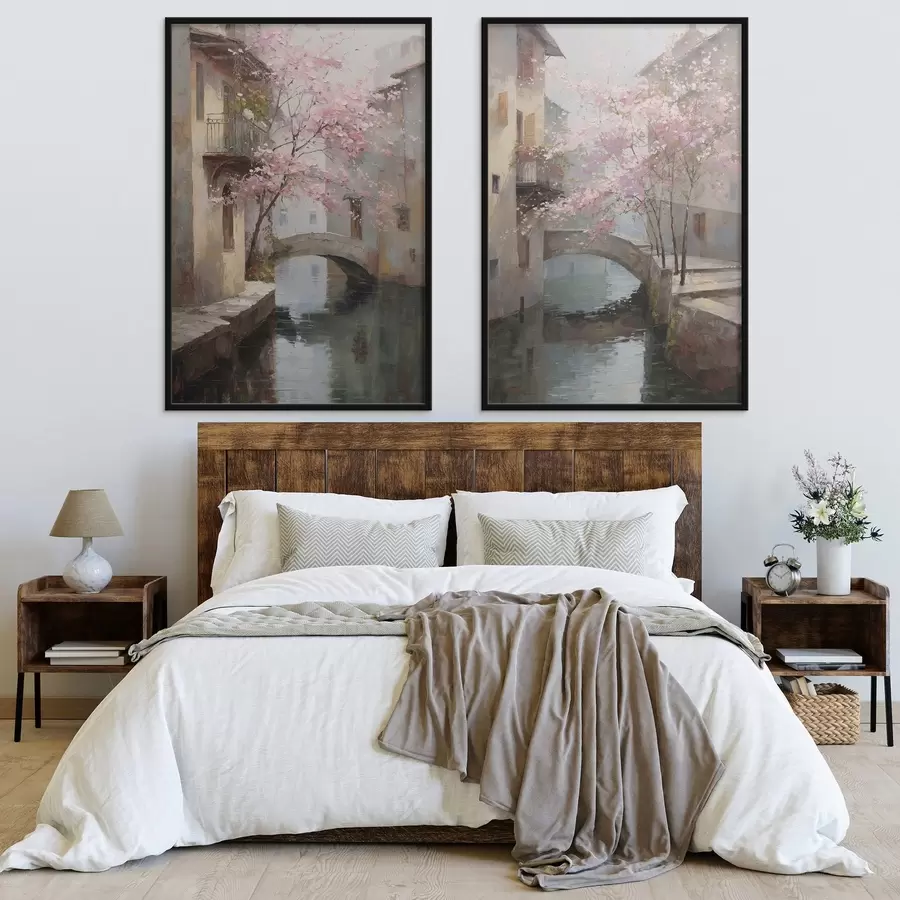 Fototapete Romantisches Stadtbild mit einem blühenden Baum im Stil eines Ölgemäldes d01173