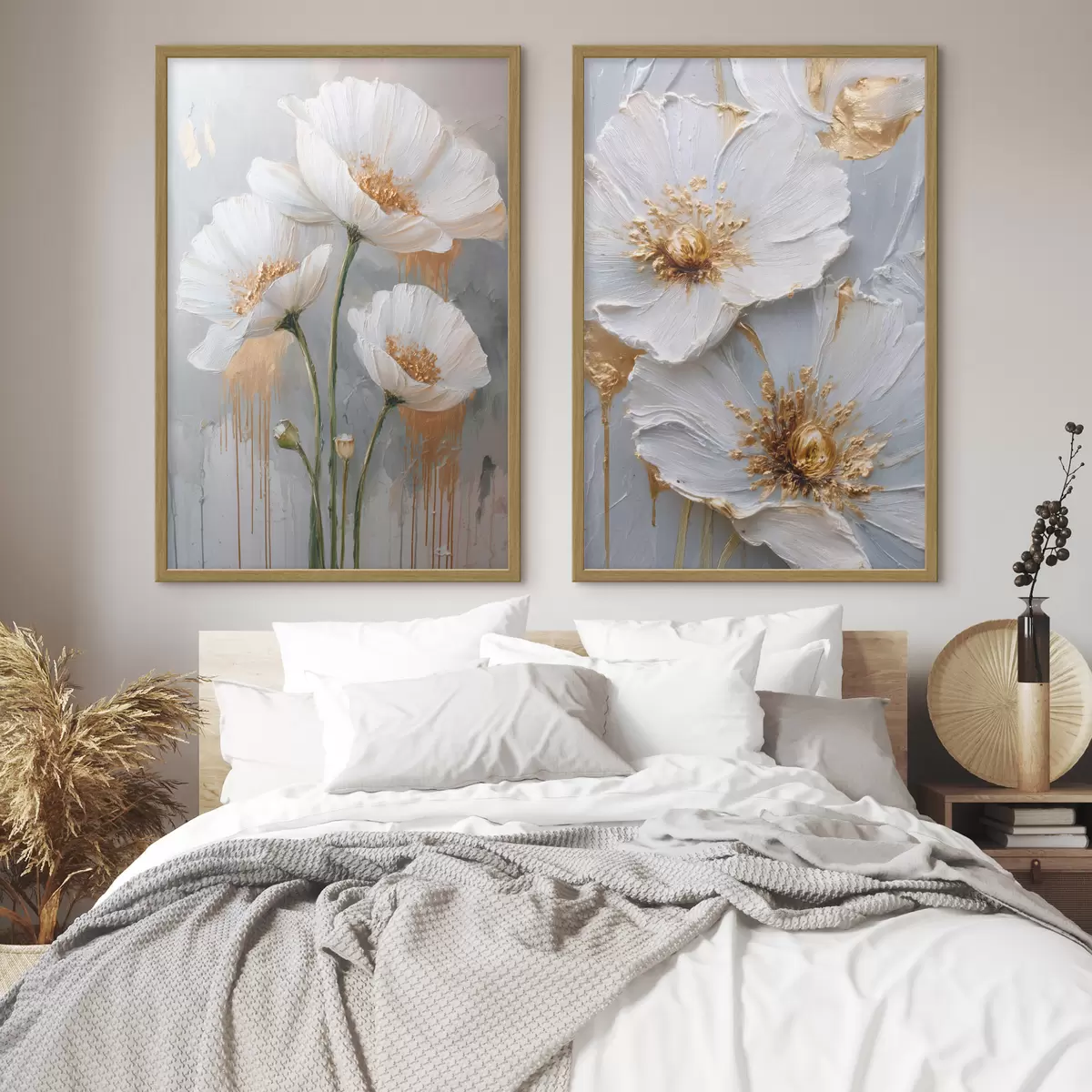 Poster Volumetrische Malerei von weißen Blumen mit goldenen Akzenten auf grauem Hintergrund d00568