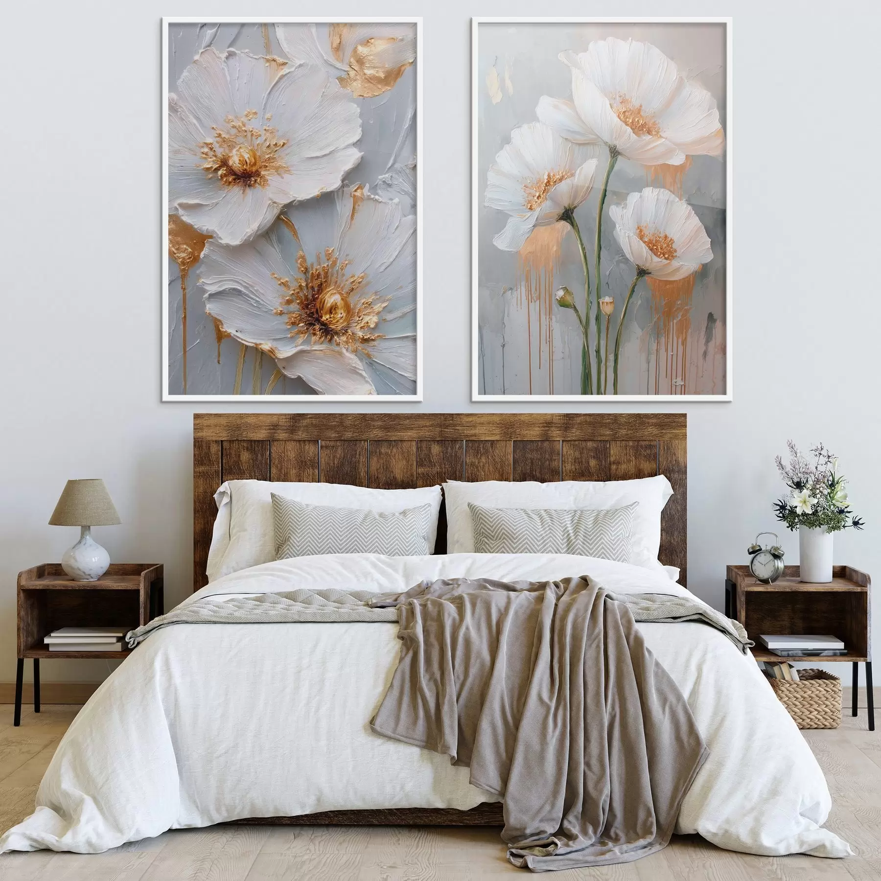 Fototapete Volumetrische Malerei von weißen Blumen mit goldenen Akzenten auf grauem Hintergrund d00568