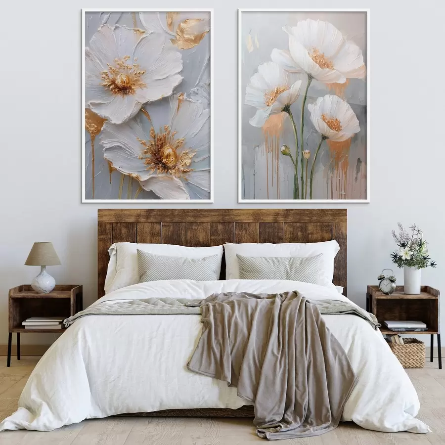 Fototapete Volumetrische Malerei von weißen Blumen mit goldenen Akzenten auf grauem Hintergrund d00568