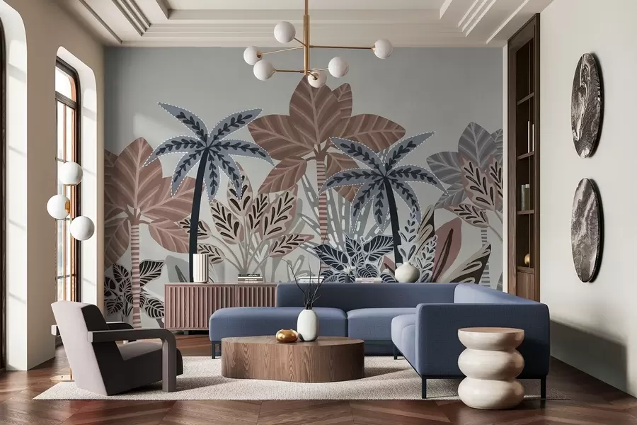 Fototapete Strukturierte tropische Pflanzen und Palmen in gedeckten Farben im dekorativen Boho-Stil vor grauem Hintergrund w09639v1