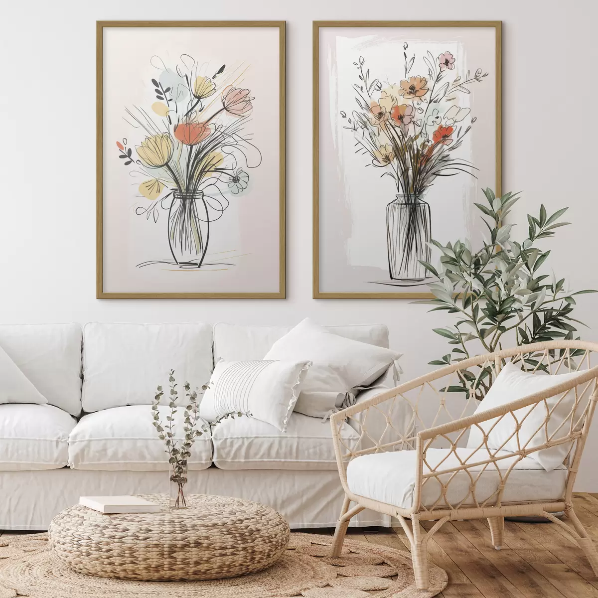 Poster Blumen in einer Vase, Nachahmung einer Zeichnung d01224