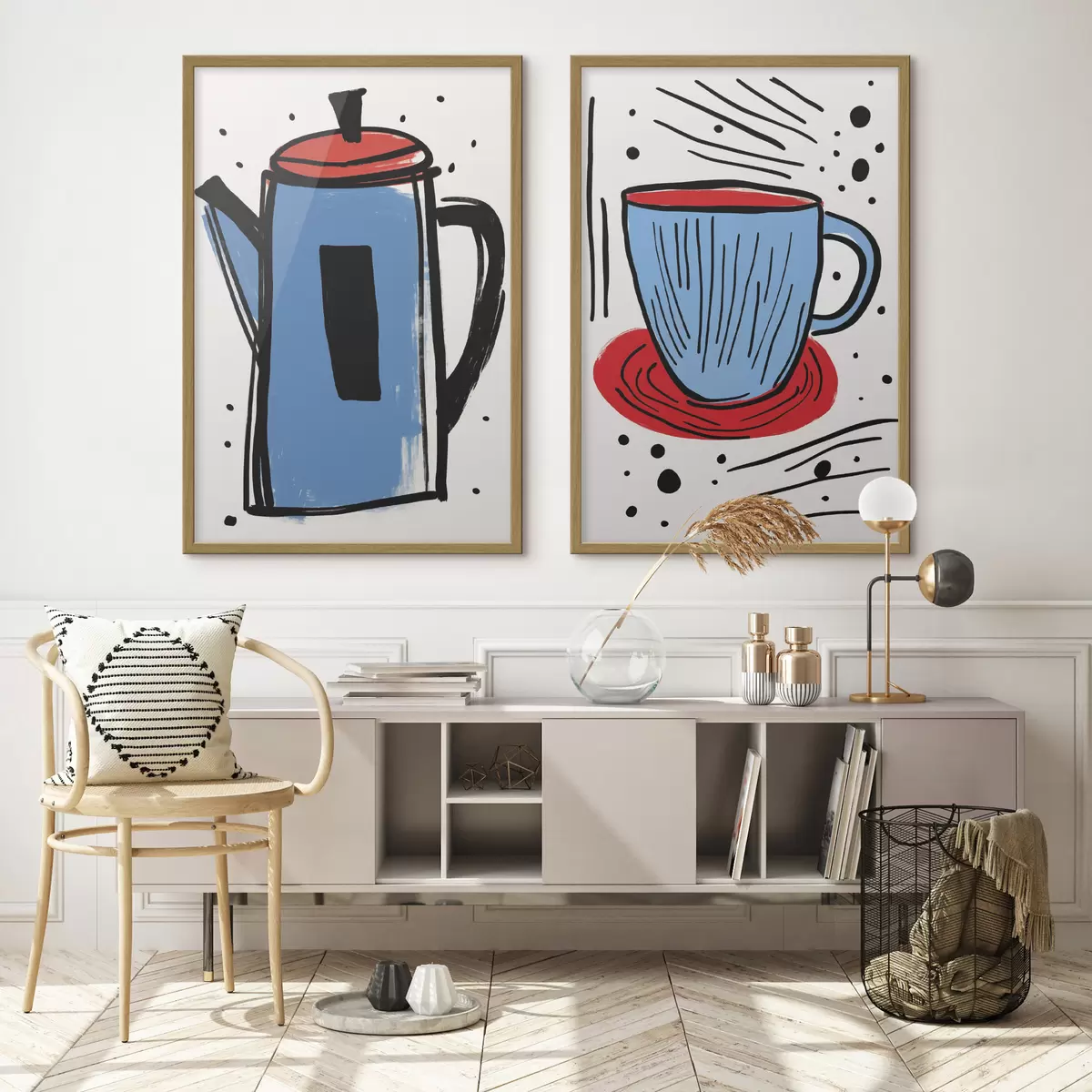 Poster Kaffeekanne und Tasse, Nachahmung einer primitiven Zeichnung d01225