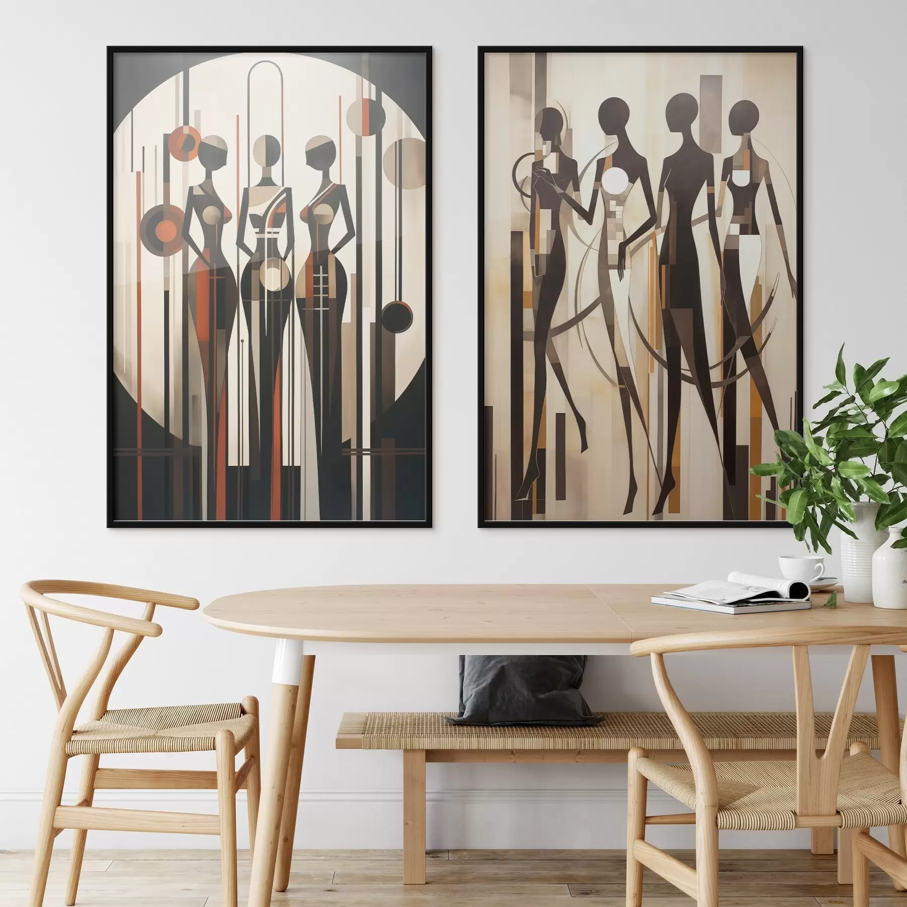 Fototapete Stilisierte weibliche Figuren mit geometrischen Elementen vor einem abstrakten Hintergrund aus vertikalen Linien und Kreisen d01237