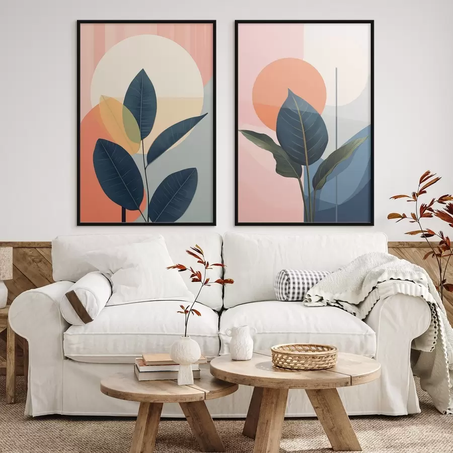 Fototapete Dunkle Blätter vor einem Hintergrund aus abstrakten Formen in Pfirsich und Grau mit einem großen, hellgelben Kreis d01238