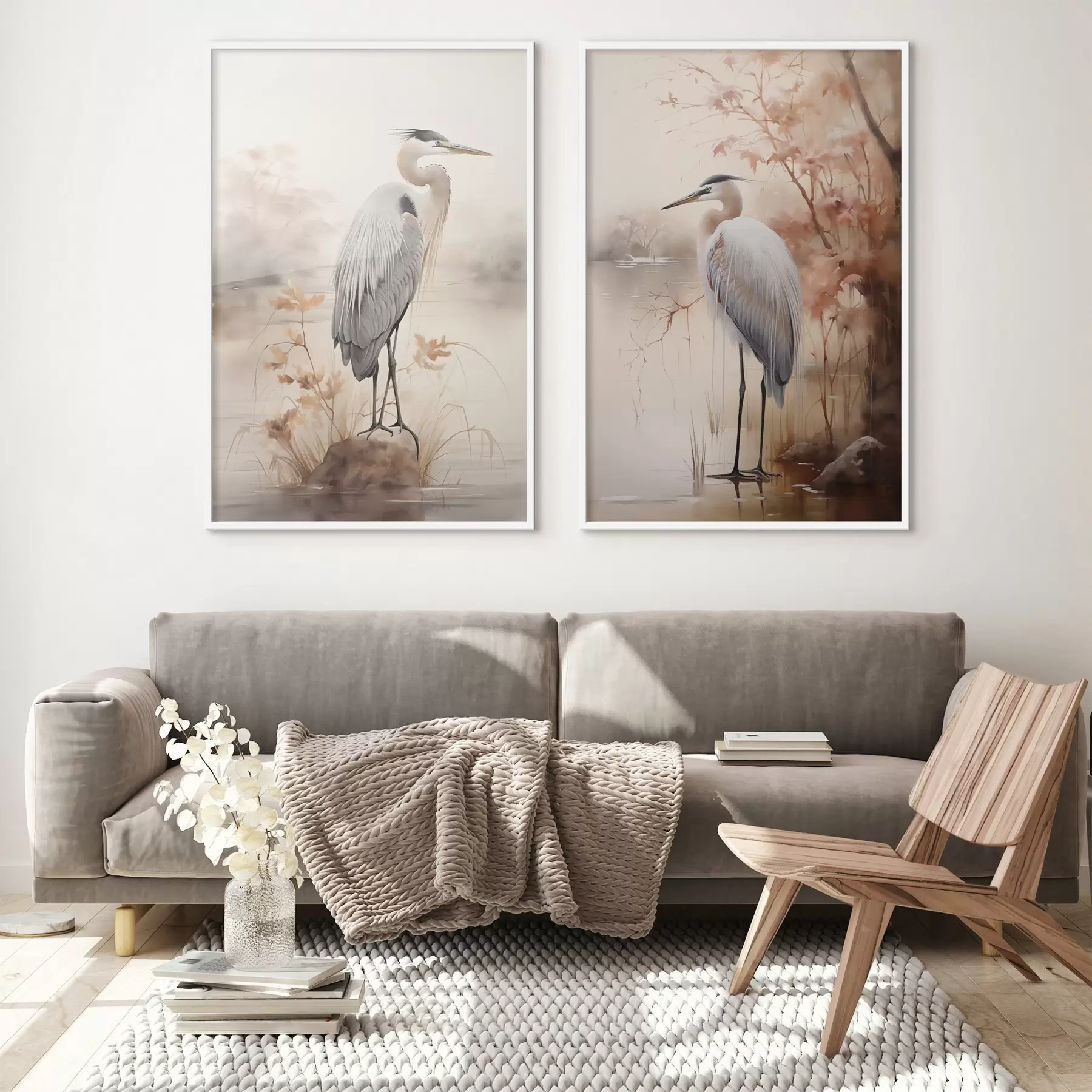 Fototapete Ein Reiher steht auf einem Felsen in einem See, im Hintergrund hohe Gräser und Bäume. d01239