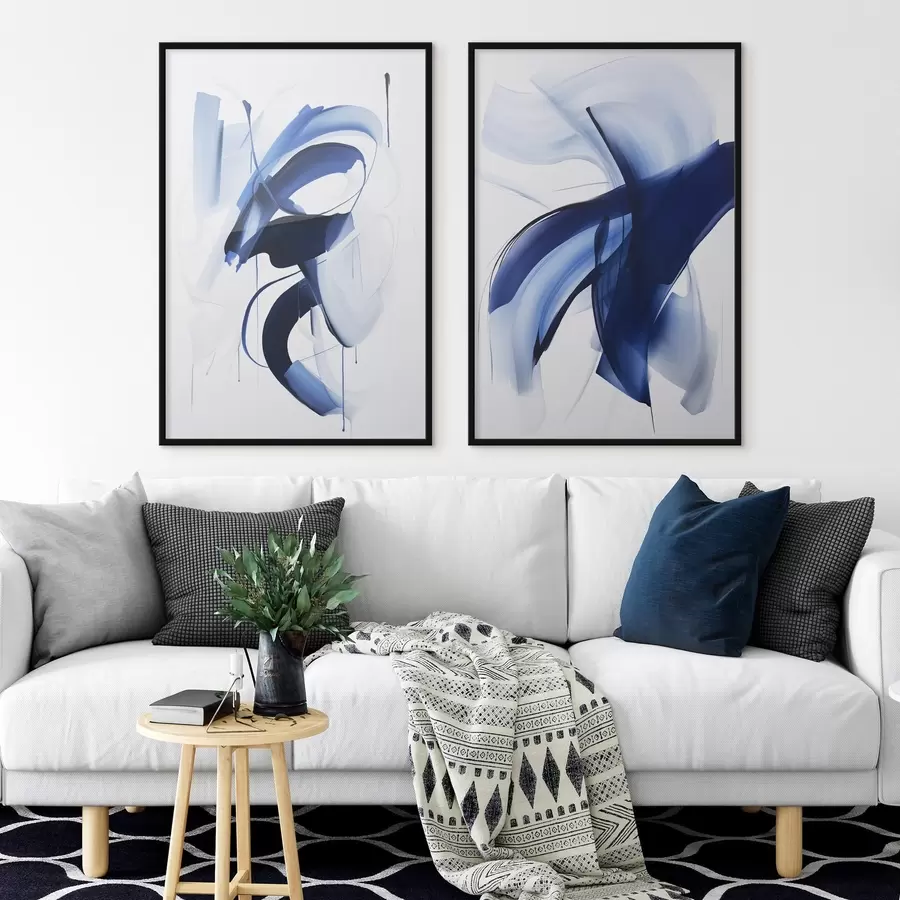 Fototapete Abstrakte blaue, pinselstrichartige Formen mit fließenden Linien und Kurven vor weißem Hintergrund, moderne Kunst d01240