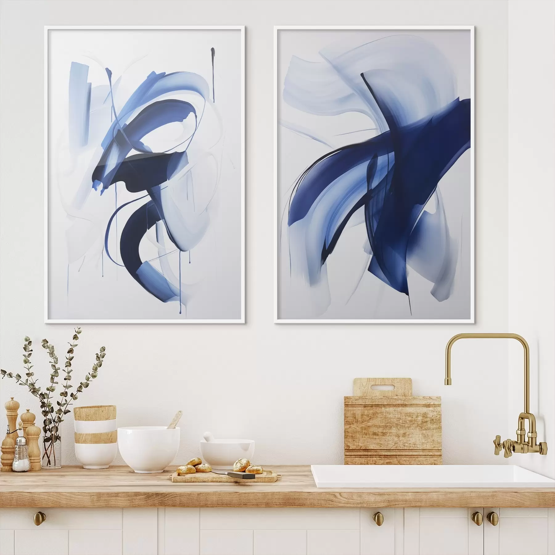 Fototapete Abstrakte blaue, pinselstrichartige Formen mit fließenden Linien und Kurven vor weißem Hintergrund, moderne Kunst d01240