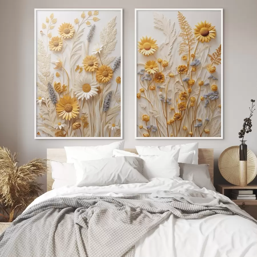 Fototapete Eine strukturierte Kollektion aus gelben und weißen Gänseblümchen mit getrockneten Gräsern und Lavendelzweigen auf weißem Hintergrund. d01241