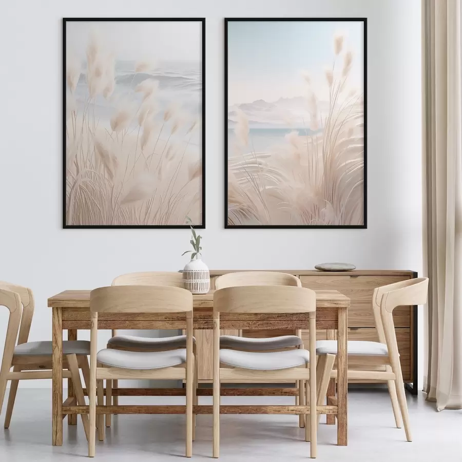 Fototapete Hohes, federartiges Pampasgras in sanften Beigetönen im Vordergrund, mit einem Sandstrand im Hintergrund d01242