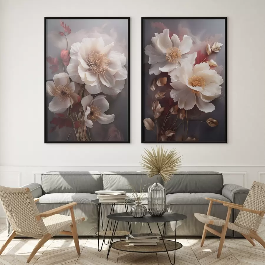 Fototapete Zarte Pfingstrosen mit dünnen, zarten Blütenblättern, umgeben von dunkelroten und gelben Blättern vor einem abstrakten Hintergrund d01243