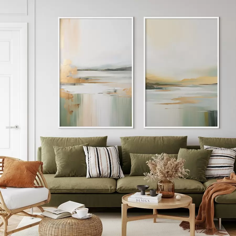 Fototapete Abstrakte Landschaft mit Gelb- und Grüntönen, Wasser, das den Himmel und entfernte Berge reflektiert, blasser, dunstiger Himmel d01245