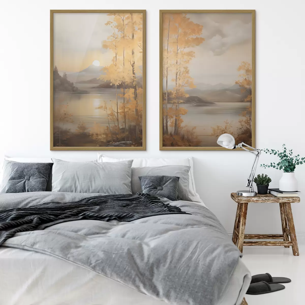 Poster Herbstliche Bäume mit orangefarbenen Blättern umrahmen einen ruhigen See mit fernen Bergen unter einem bewölkten Himmel. d01246