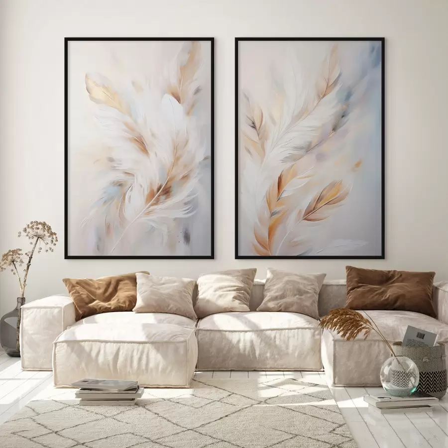 Fototapete Große, weiche Federn in einer Mischung aus Weiß-, Gelb- und Brauntönen vor einem hellen, abstrakten Hintergrund d01247