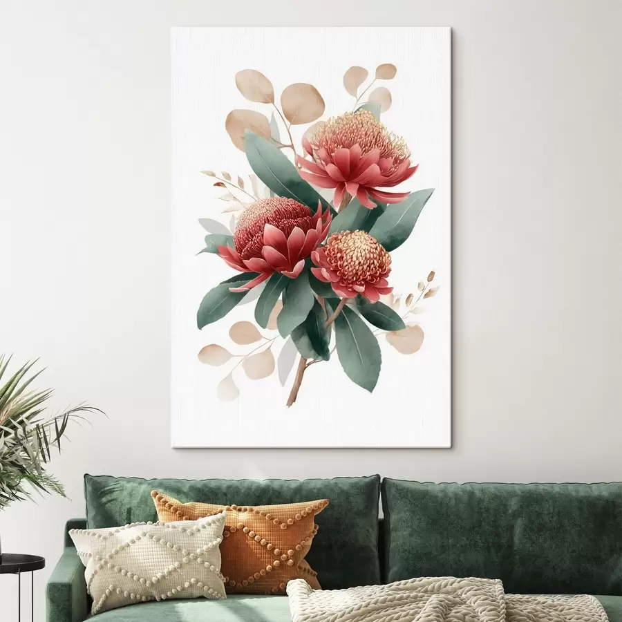 Fototapete Ausdrucksstarker Strauß aus Proteas und dekorativem Blattwerk im Stil moderner Kunstillustrationen s46954