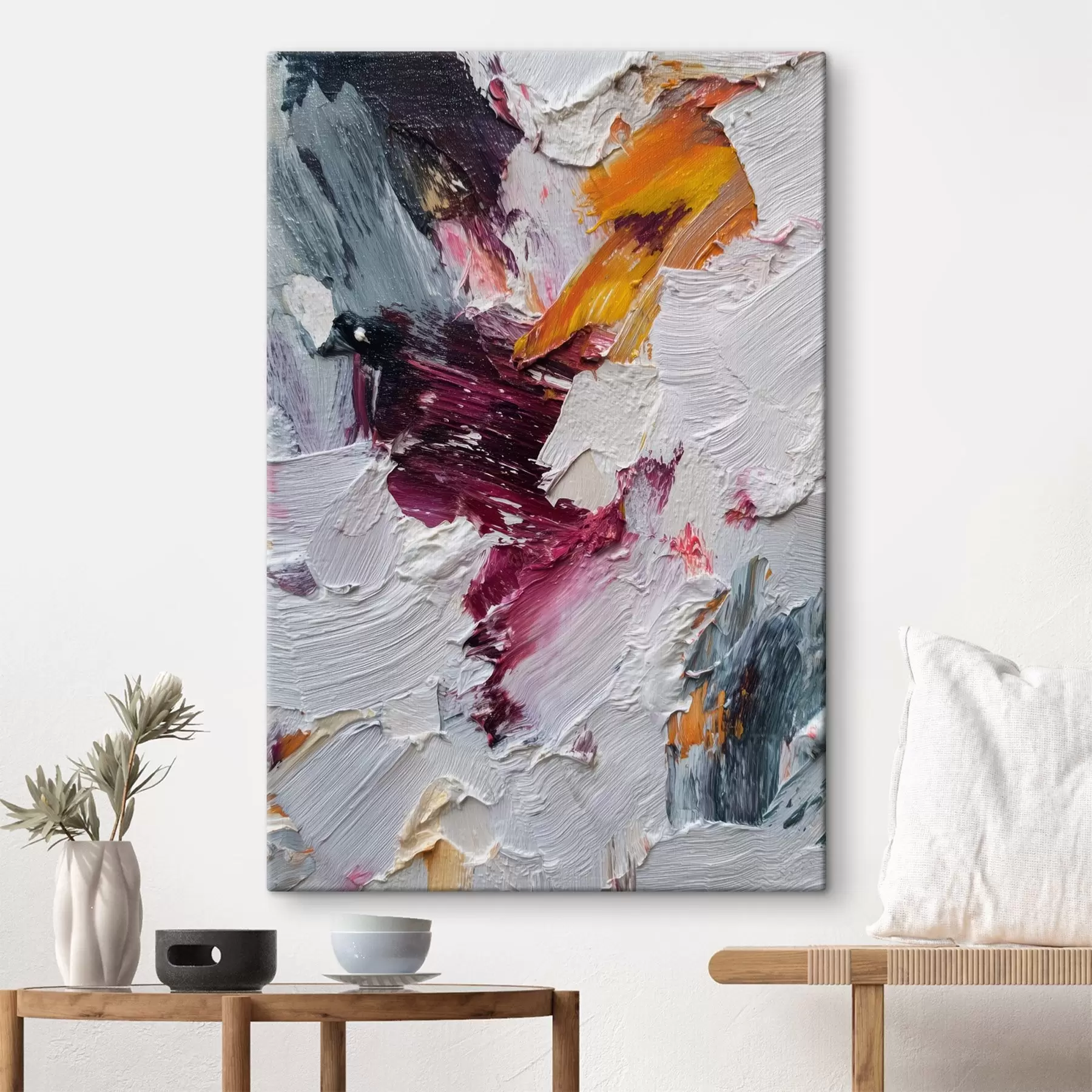 Fototapete Abstrakte Komposition mit intensiven Pinselstrichen in Kirsch- und Orangetönen im Stil der Ölmalerei s46959