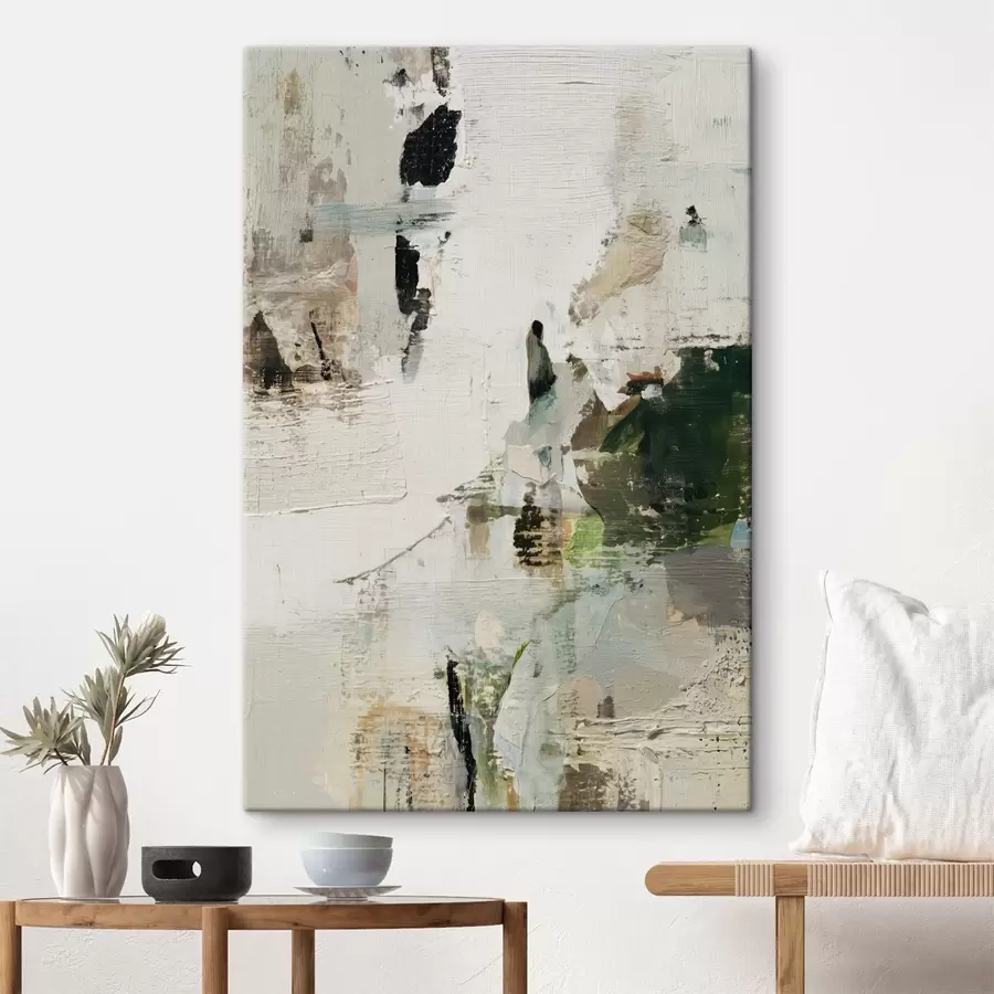 Fototapete Abstrakte Komposition in Pastelltönen mit dunkelgrünen Akzenten im Stil der Ölmalerei s46960