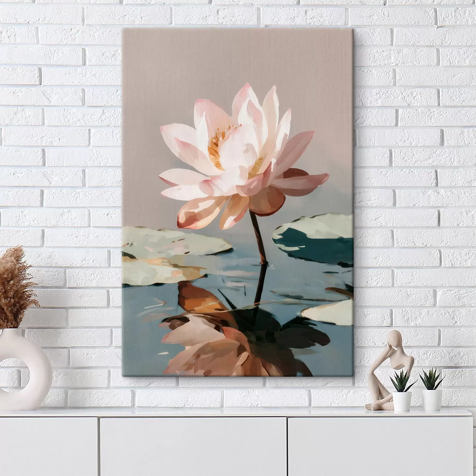 Fototapete Weißer Lotus auf pastellfarbenem Hintergrund im Ölgemäldestil s47093