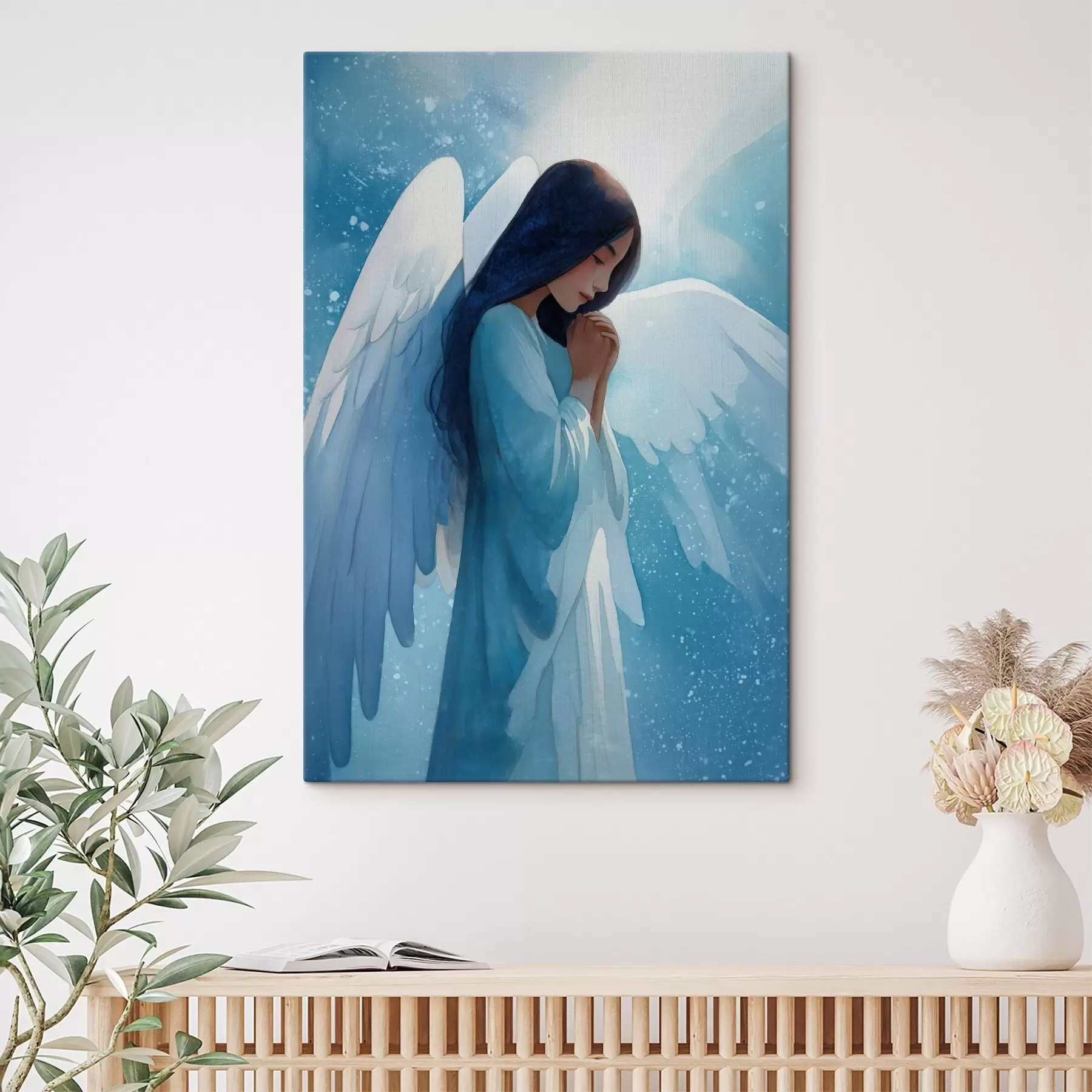 Fototapete Aquarell-Harmonie: Engel im Licht auf blauem Hintergrund s47094