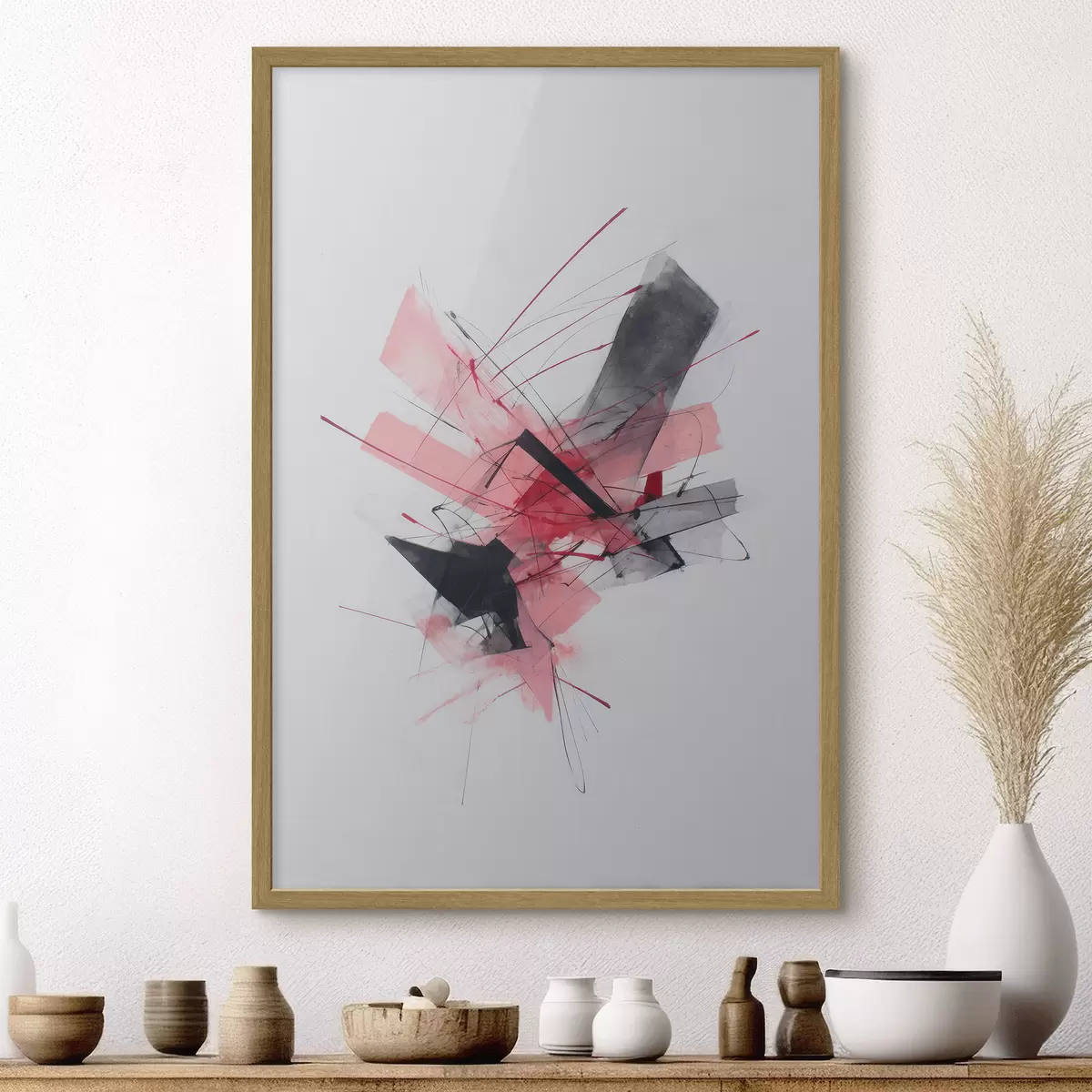 Poster Abstraktes Bild mit rosa und schwarzen geometrischen Elementen f46950