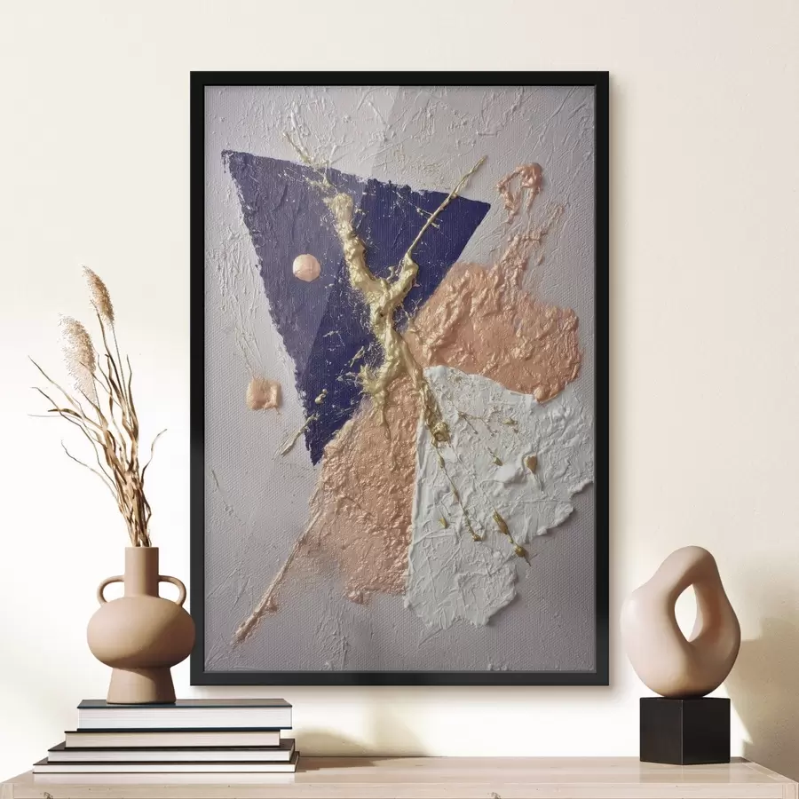 Fototapete Abstrakte Komposition mit einem dunkelblauen Dreieck und reliefartigen Pinselstrichen im Stil der Ölmalerei f46953