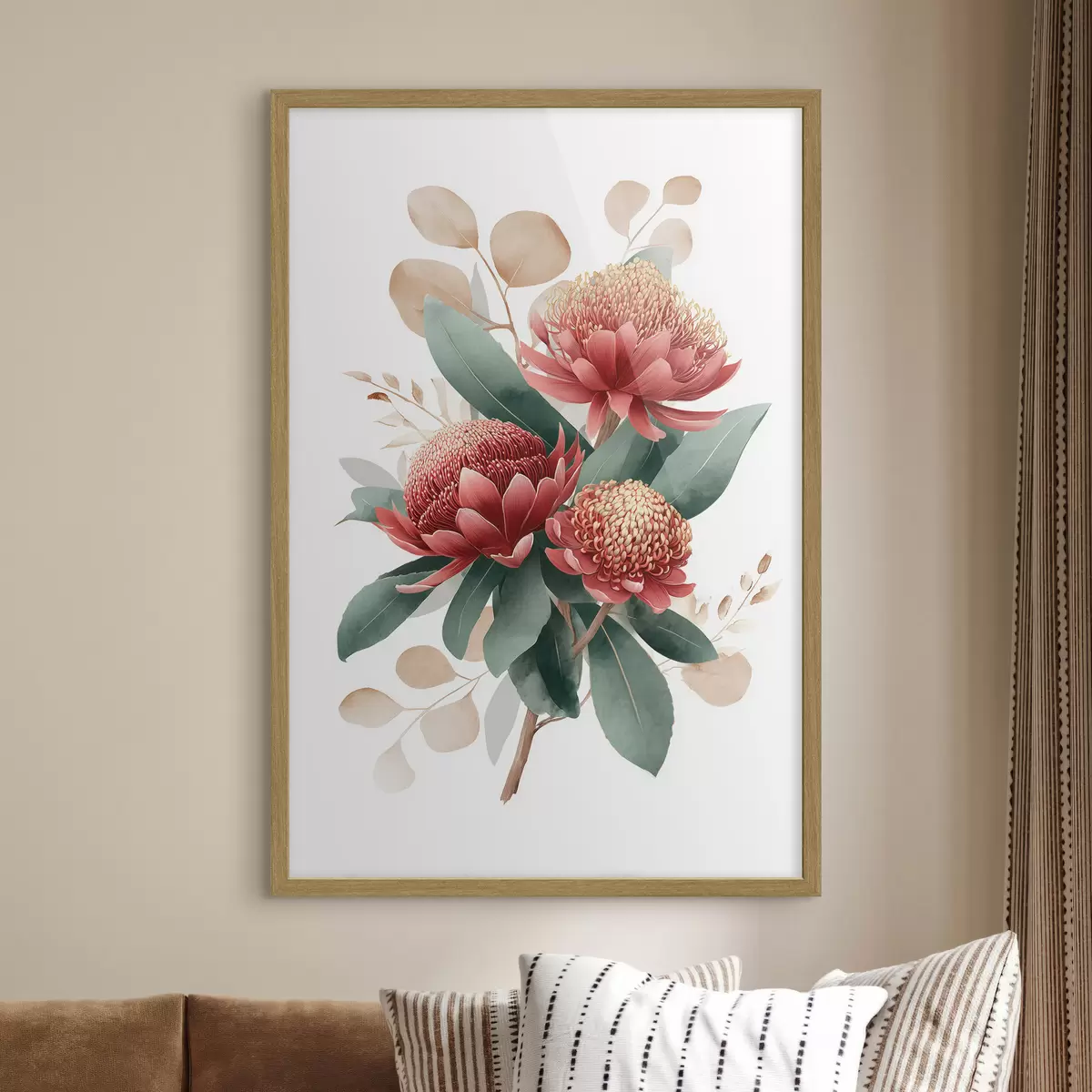Poster Ausdrucksstarker Strauß aus Proteas und dekorativem Blattwerk im Stil moderner Kunstillustrationen f46954