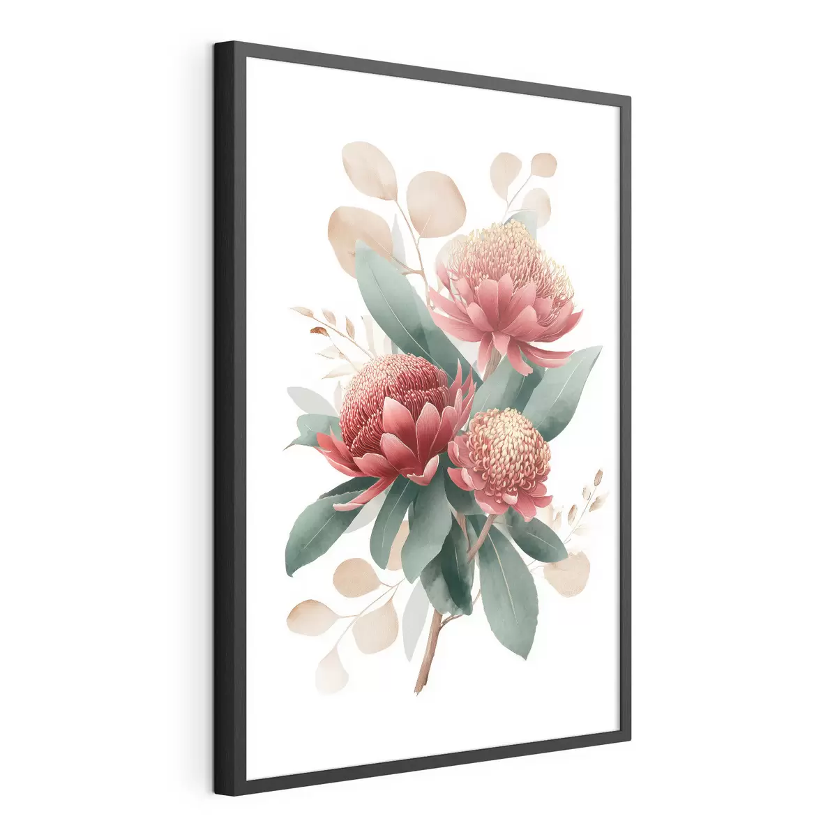 Poster Ausdrucksstarker Strauß aus Proteas und dekorativem Blattwerk im Stil moderner Kunstillustrationen f46954