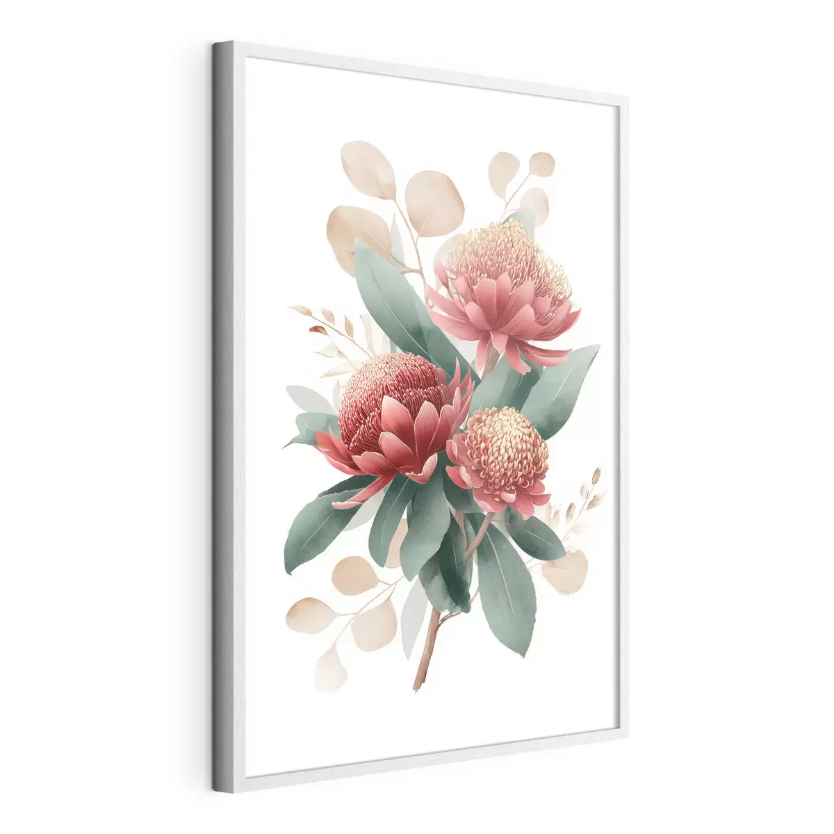 Poster Ausdrucksstarker Strauß aus Proteas und dekorativem Blattwerk im Stil moderner Kunstillustrationen f46954