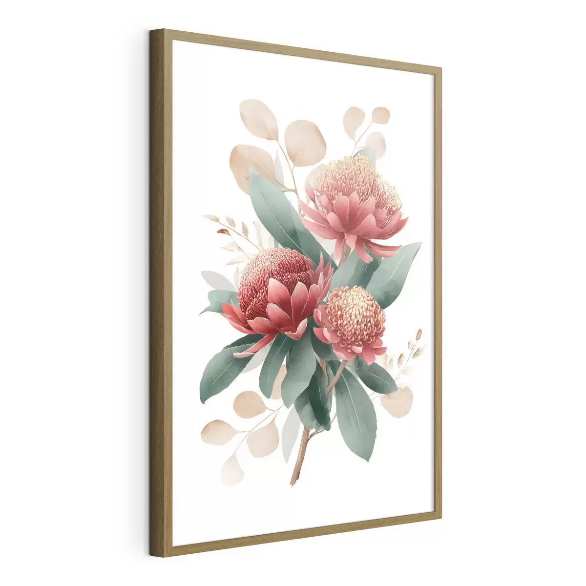 Poster Ausdrucksstarker Strauß aus Proteas und dekorativem Blattwerk im Stil moderner Kunstillustrationen f46954