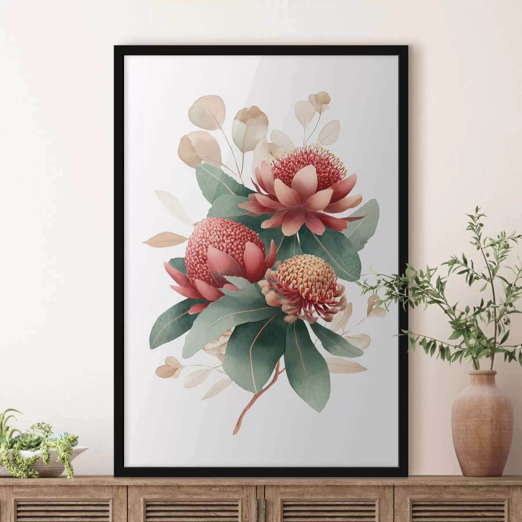 Fototapete Blumenkomposition mit großen Proteas und Eukalyptus im modernen Stil digitaler Malerei f46955