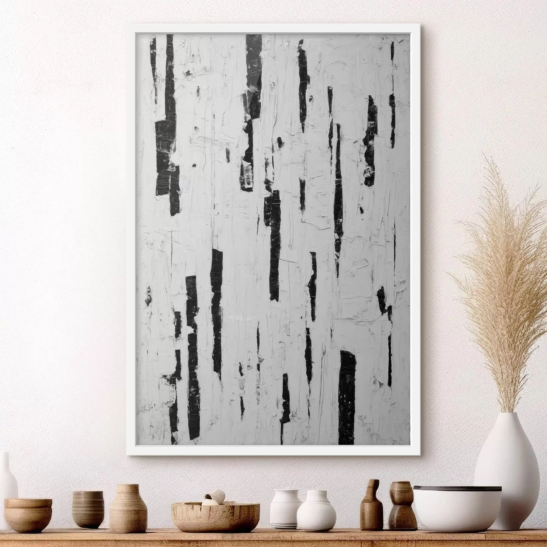Fototapete Abstrakte Komposition mit schwarzen vertikalen Pinselstrichen auf weißem Hintergrund im Stil der Ölmalerei f46956