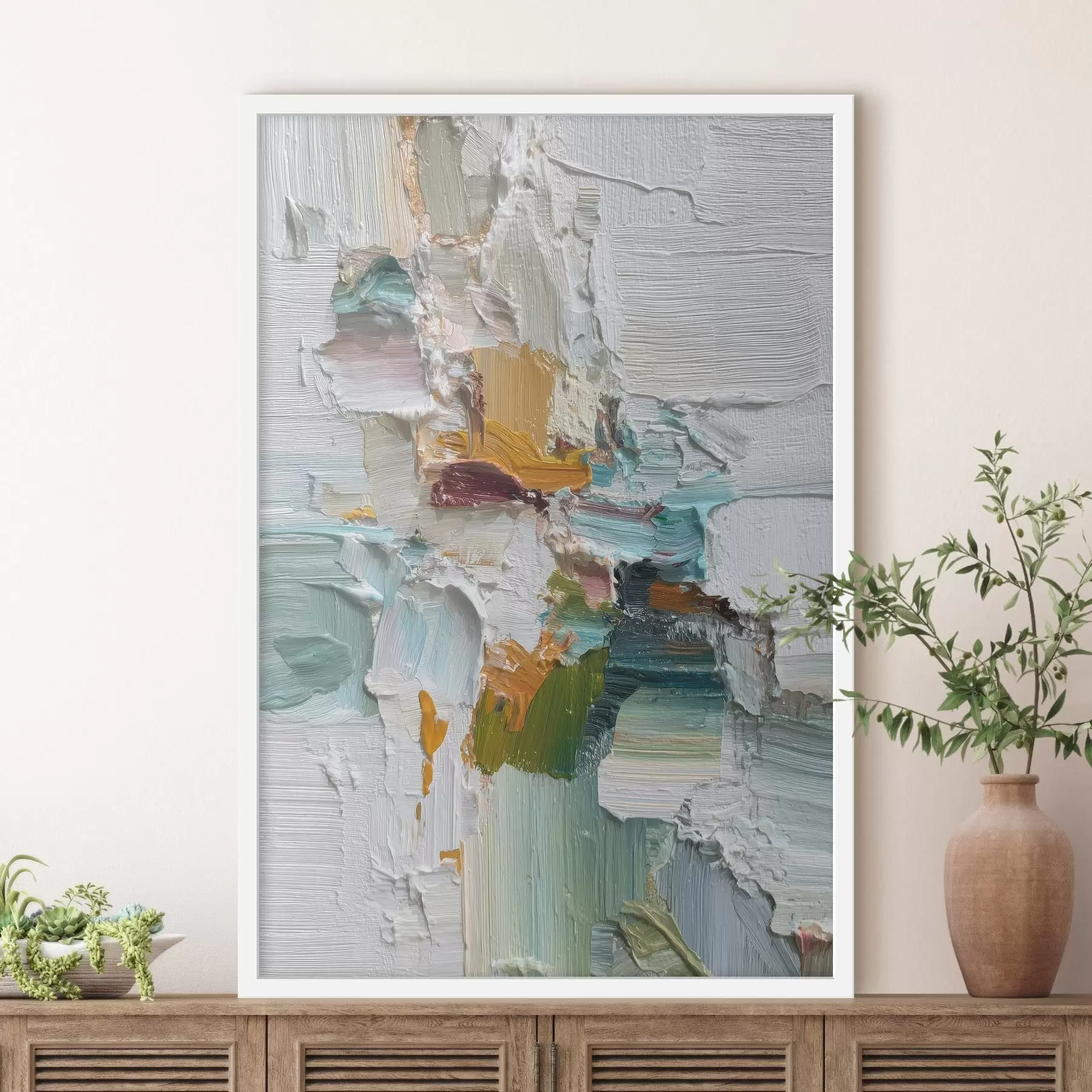 Fototapete Komposition mit türkisfarbenen und orangefarbenen Akzenten im Stil der Ölmalerei f46958