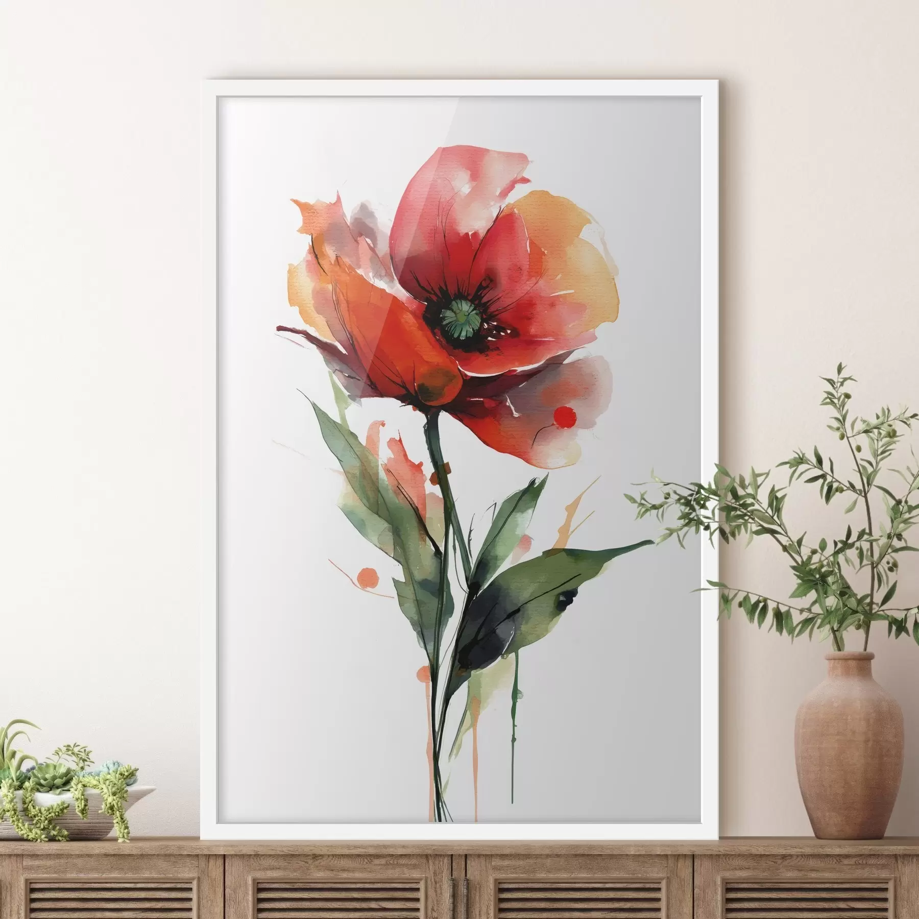 Fototapete Mohnblume mit ausdrucksstarken Wasserfarben-Farbtropfen im Stil moderner Kunstillustrationen f47086