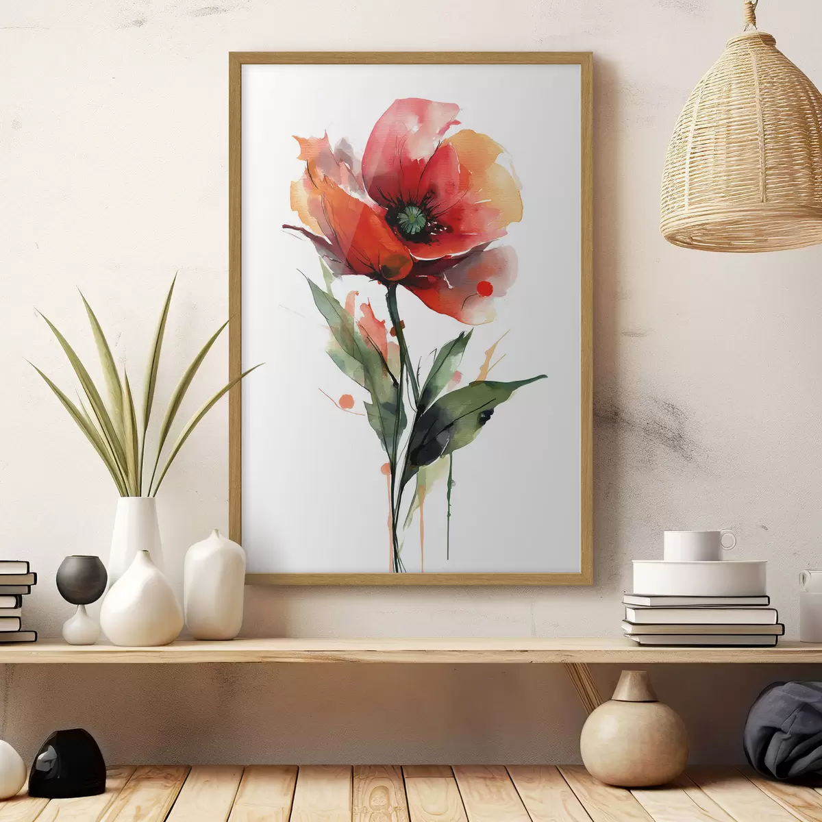 Poster Mohnblume mit ausdrucksstarken Wasserfarben-Farbtropfen im Stil moderner Kunstillustrationen f47086