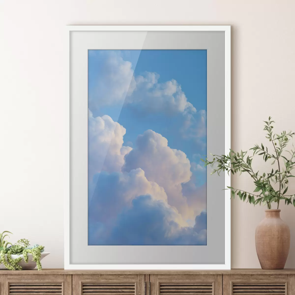 Poster Voluminöse Wolken in sanften Blau- und Rosatönen im fotorealistischen digitalen Grafikstil f47088