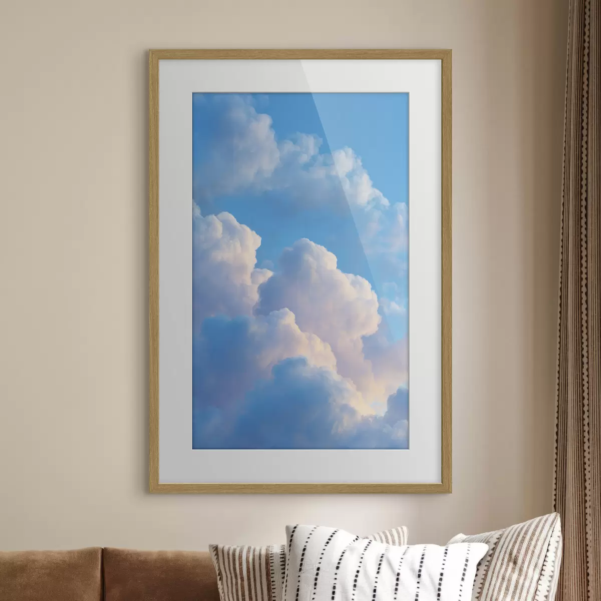 Poster Voluminöse Wolken in sanften Blau- und Rosatönen im fotorealistischen digitalen Grafikstil f47088