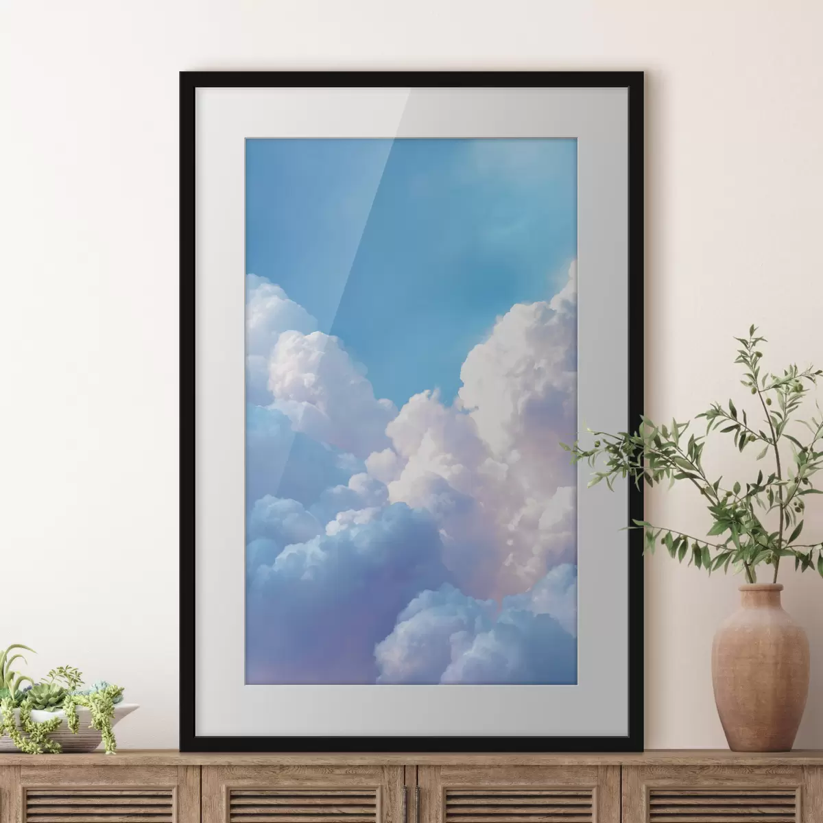 Poster Malerische Himmelslandschaft mit massiven weißen Wolken im digitalen Grafikstil f47089