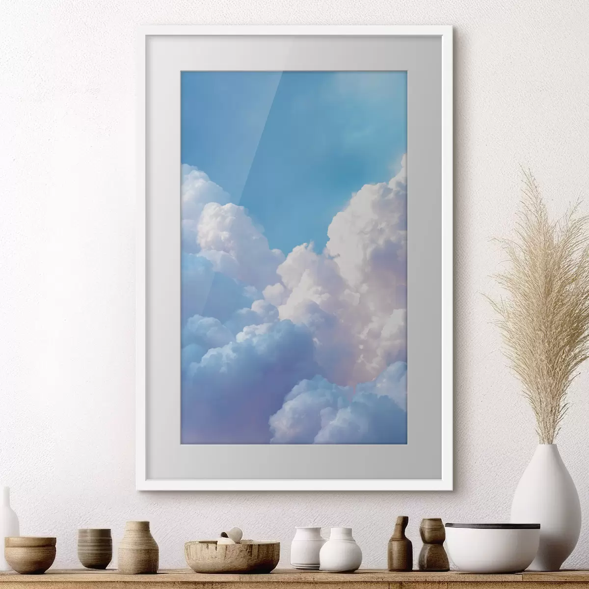 Poster Malerische Himmelslandschaft mit massiven weißen Wolken im digitalen Grafikstil f47089