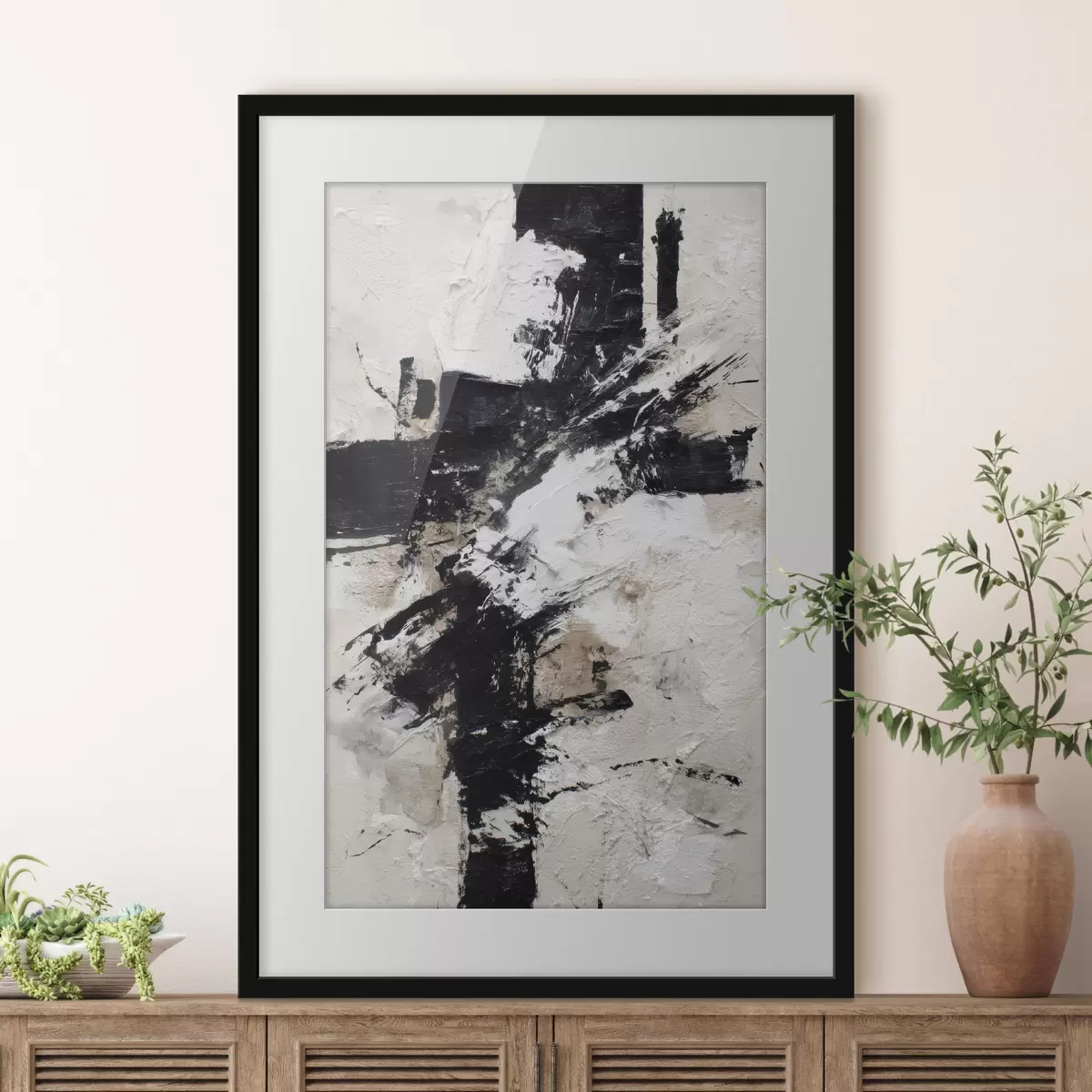 Poster Modernes, abstraktes Interieur mit chaotischen Linien und volumetrischen Pinselstrichen im Stil der Leinwandmalerei f47090