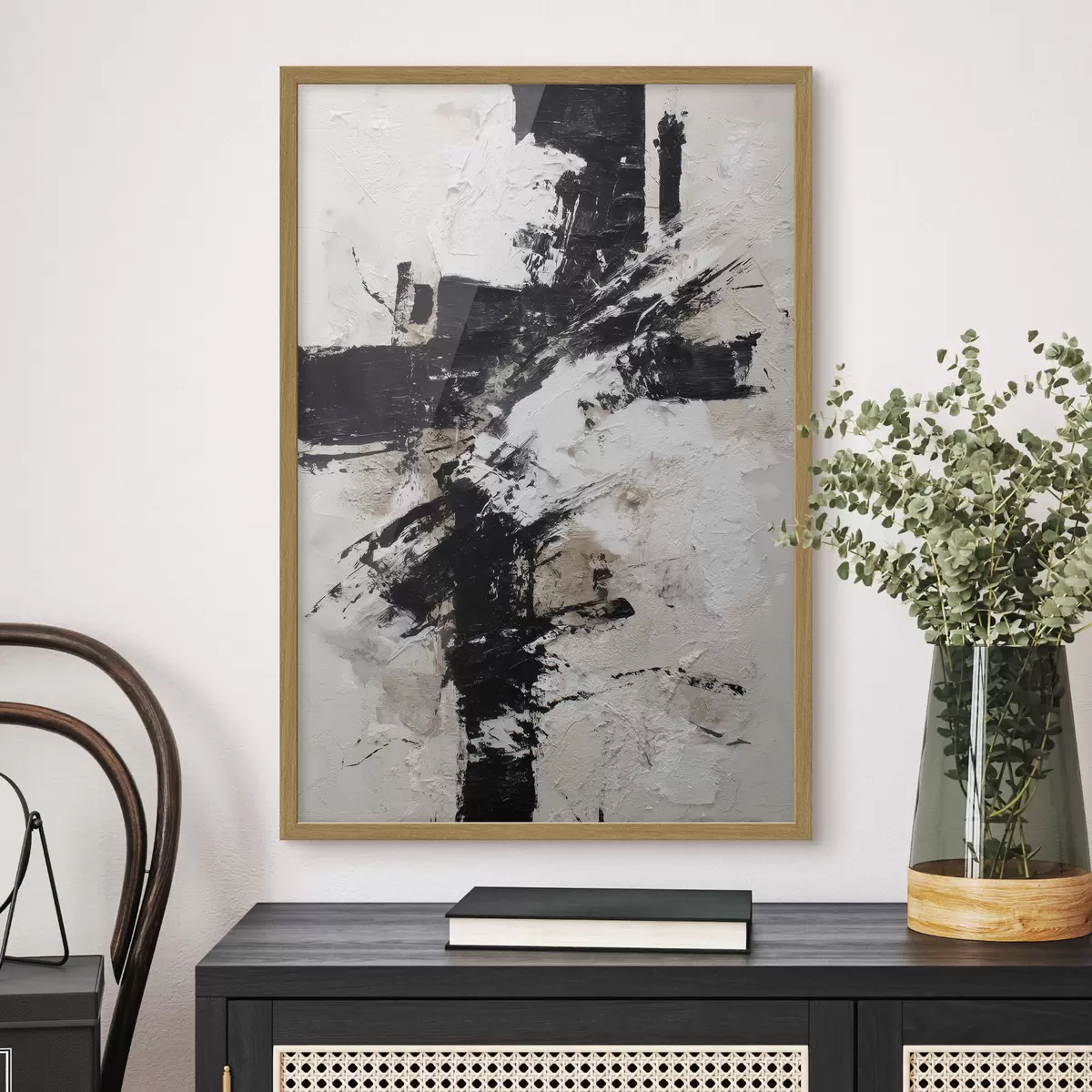 Poster Modernes, abstraktes Interieur mit chaotischen Linien und volumetrischen Pinselstrichen im Stil der Leinwandmalerei f47090
