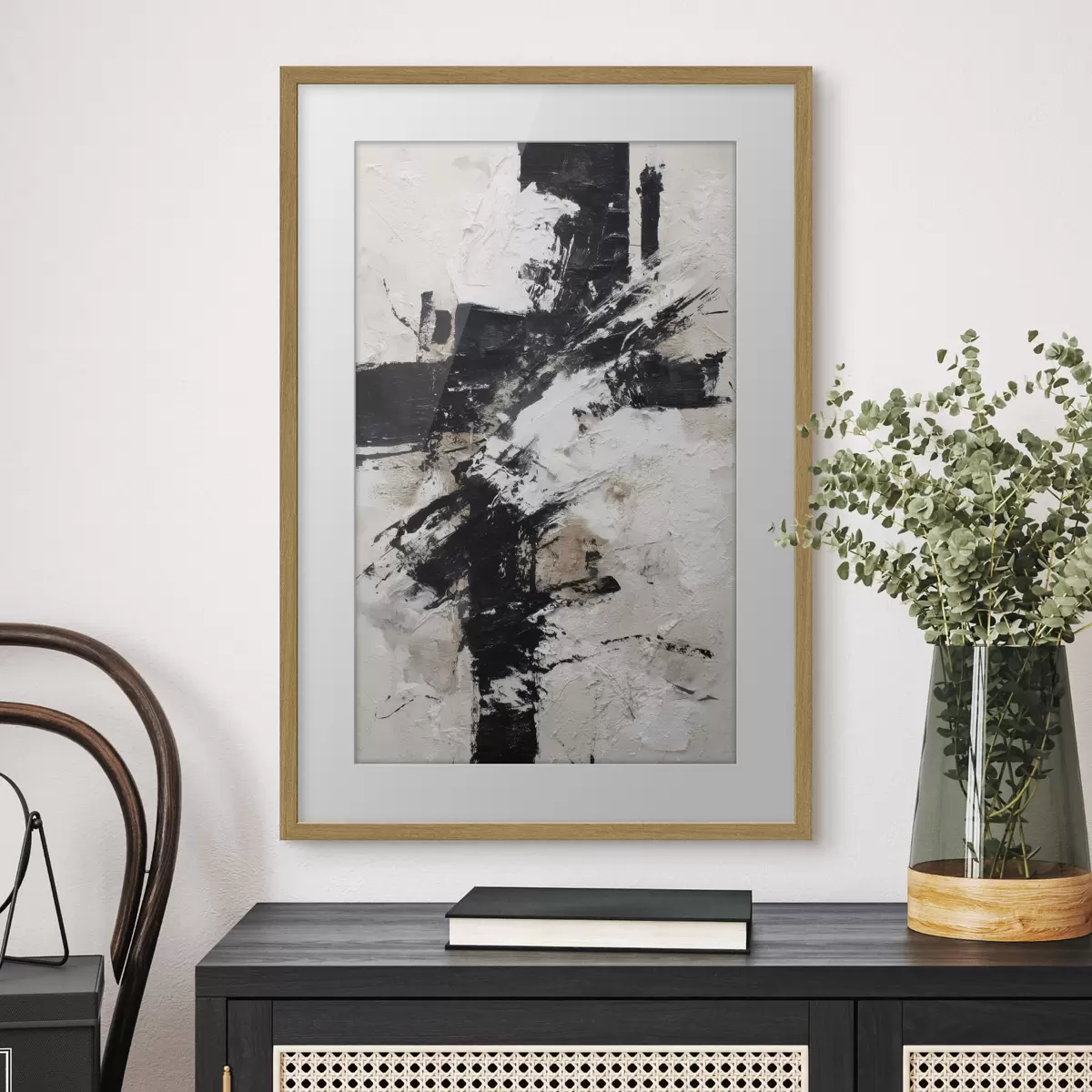 Poster Modernes, abstraktes Interieur mit chaotischen Linien und volumetrischen Pinselstrichen im Stil der Leinwandmalerei f47090
